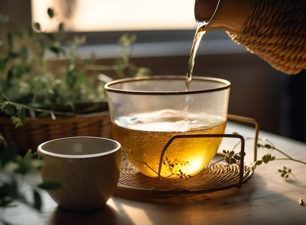 A cup of tea pouring into a basket with herbs