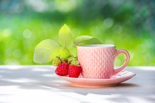 Cup of tea and raspberries on green natural background