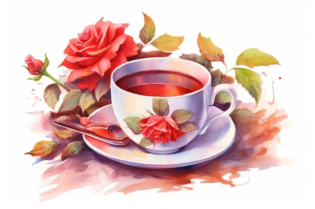 a cup of tea and a rose on a table.