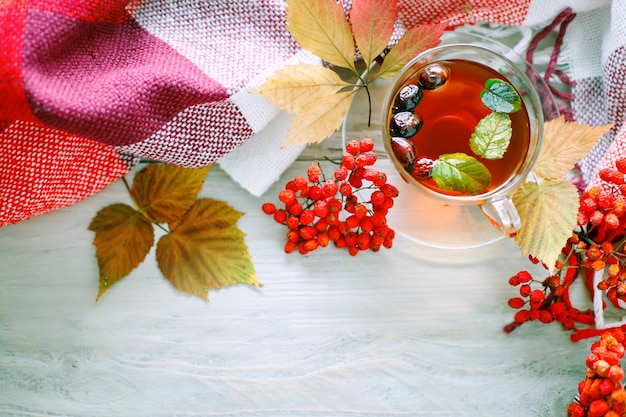 A Cup of tea and Rowan berries on a wooden table. Autumn still-life.