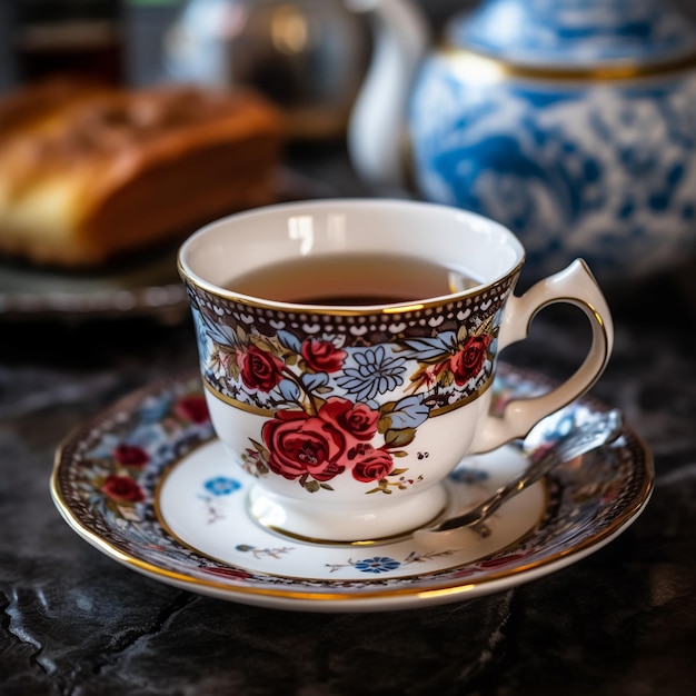 a cup of tea on a saucer with a teapot