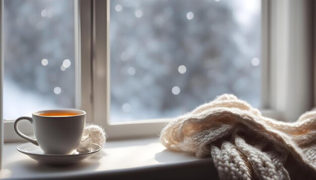 a cup of tea and a scarf on a window sill