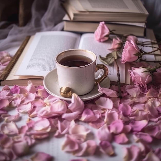 A cup of tea sits on a bed with a book and a book on the table.