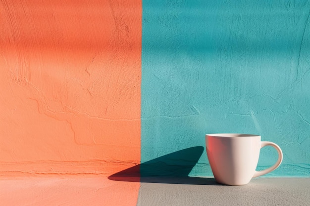 a cup of tea sits on a blue and orange surface