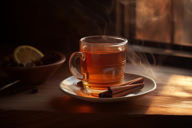 A cup of tea sits on a plate next to a fireplace with cinnamon sticks and a bowl of lemons.