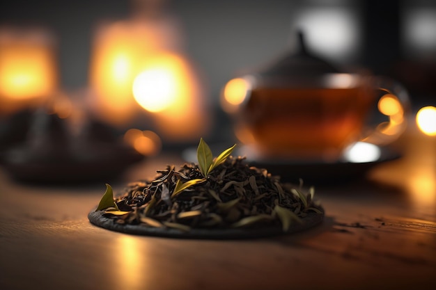 A cup of tea sits on a table in front of a candle light.