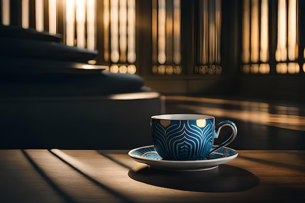 A cup of tea sits on a table in front of a window.