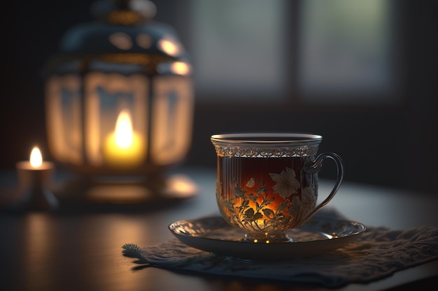 A cup of tea sits on a table next to a lantern that says'tea '