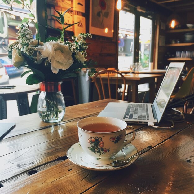 a cup of tea sits on a table next to a laptop