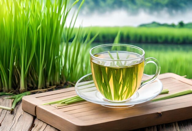 a cup of tea sits on a table with a field of grass in the background