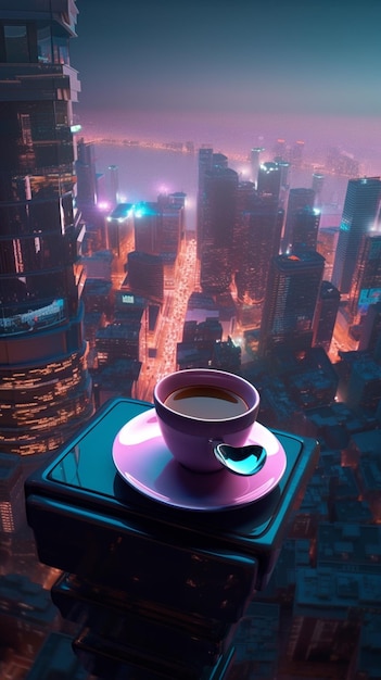 A cup of tea sits on a tray with a city in the background.