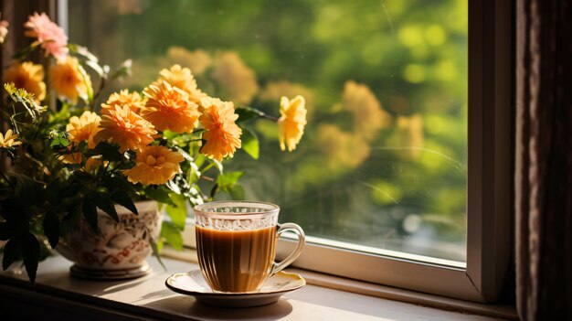 お茶のカップがいくつかの花の隣の窓際に座っています