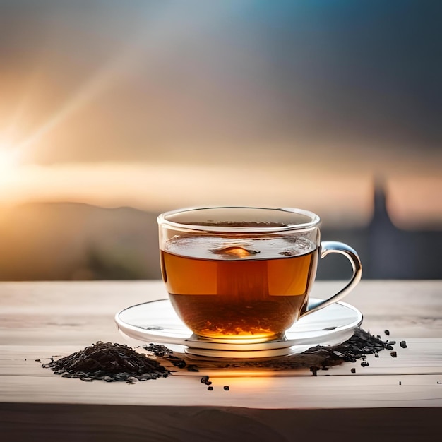 Photo a cup of tea sits on a wooden table with a sunset in the background.