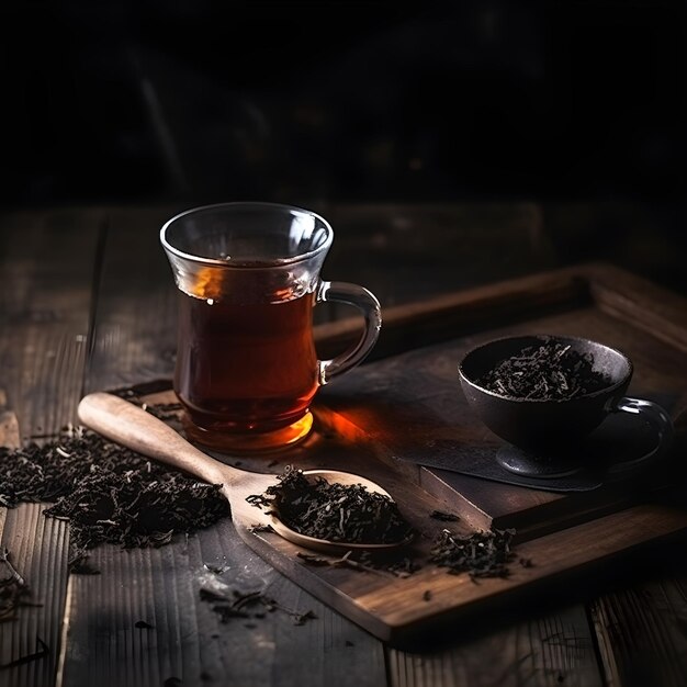 A cup of tea sits on a wooden tray next to a cup of tea.