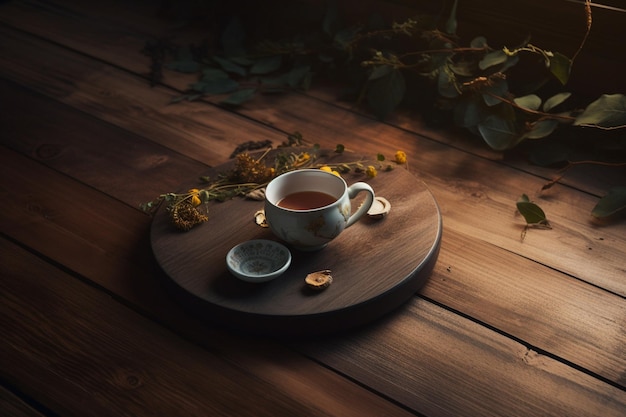 A cup of tea sits on a wooden tray with a cup of tea on it.