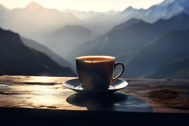 A cup of tea sitting on a table with a view of themountain in the background generative ai