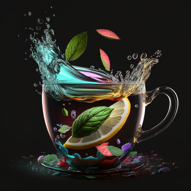 cup of tea splashing mint leaves