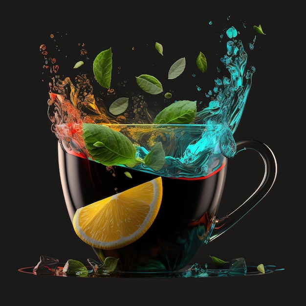 cup of tea splashing mint leaves