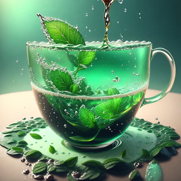 Premium AI Image | cup of tea splashing splashing mint leaves