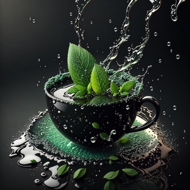 cup of tea splashing splashing mint leaves