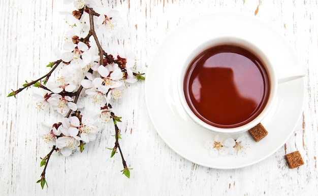 Cup of tea and spring blossom