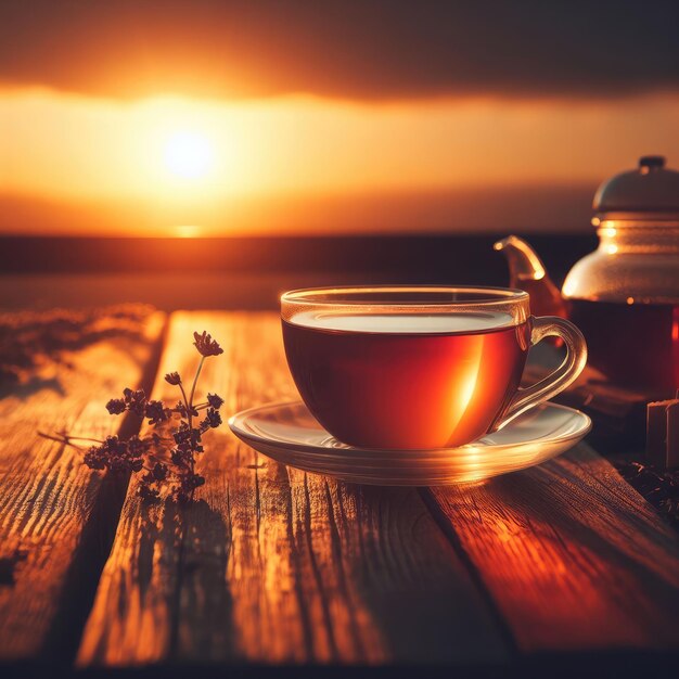 Photo cup of tea on sunset in the morning