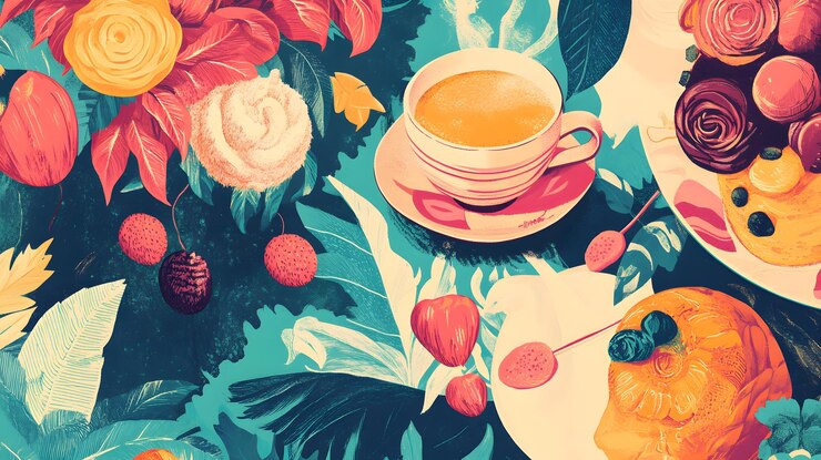 Photo a cup of tea surrounded by vibrant floral and tropical motifs