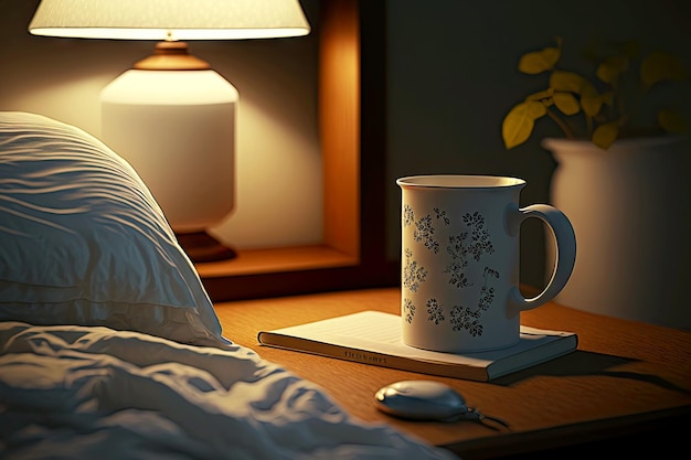 Photo cup of tea on table against background of glowing bedside lamp in interior
