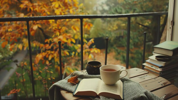 窓のそばのテーブルの上にあるお茶外の木の葉は茶色とオレンジ色に変わっていますそれは快適で平和なシーンです