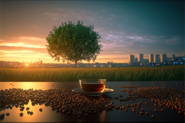 A cup of tea on the table with cocoa beans and a beautiful background