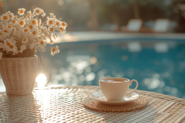 A cup of tea on a table with a pool in the background Soft sunlight Quiet luxury concept