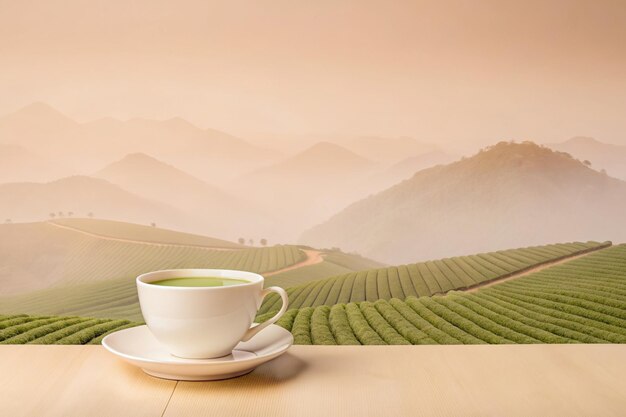 Photo a cup of tea on a table with a view of mountains