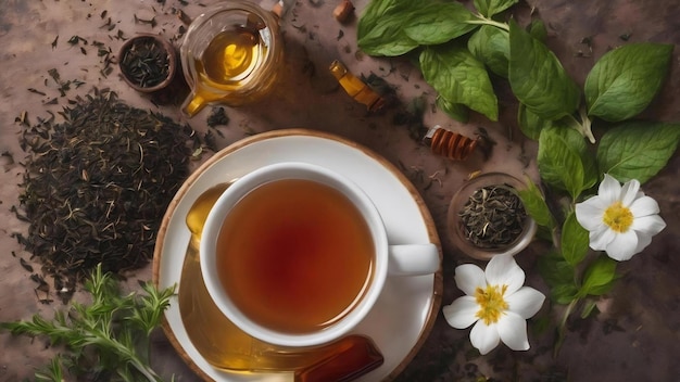 Cup of tea on a tea herbs background top view