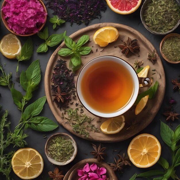 Cup of tea on a tea herbs background top view