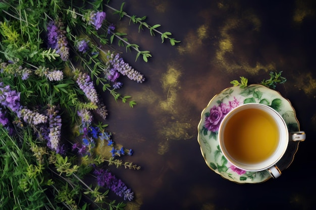 Cup of tea on a tea herbs background