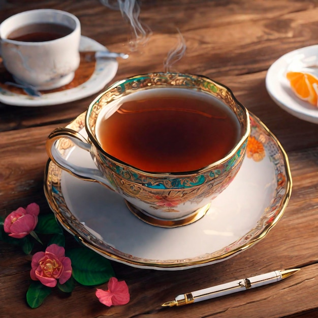 Cup of tea and teapot on a wooden table