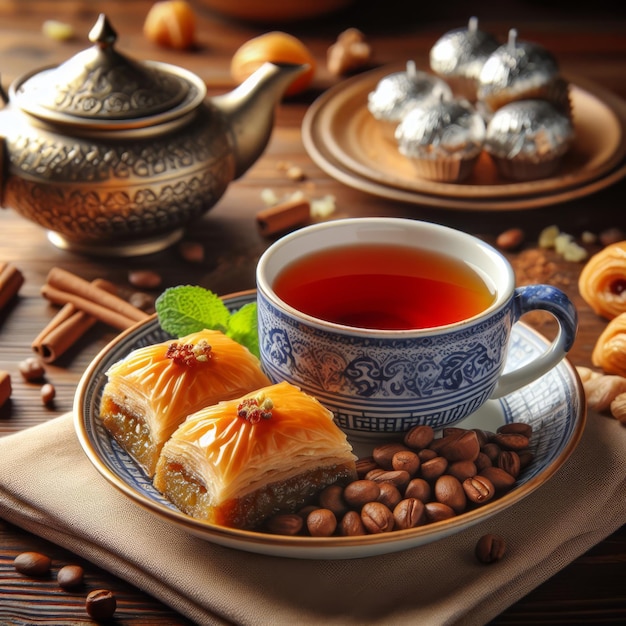 Photo cup of tea and turkish baklava