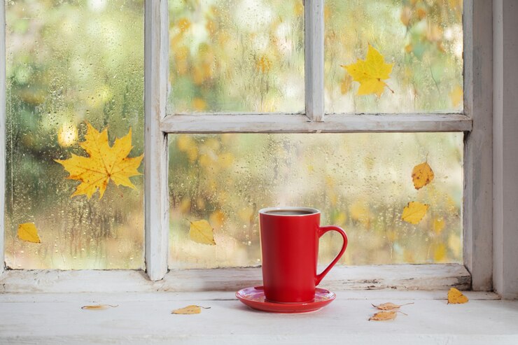Cup of tea on white wooden windowsill in autumn
