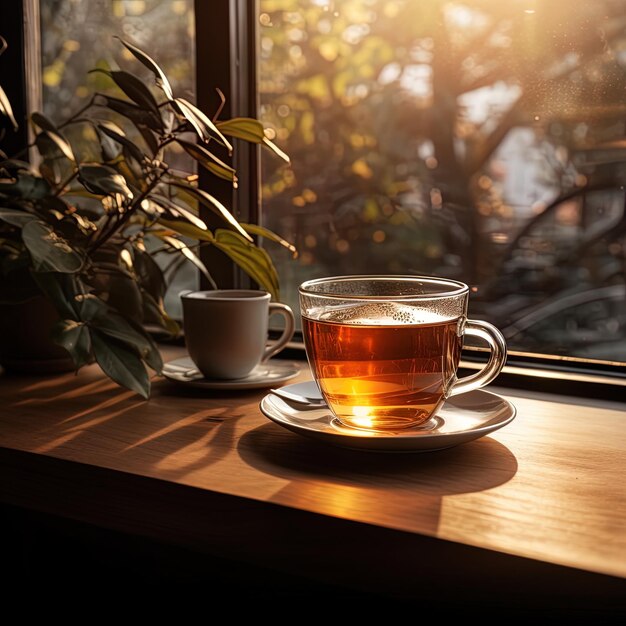 a cup of tea next to a window with the sun shining through