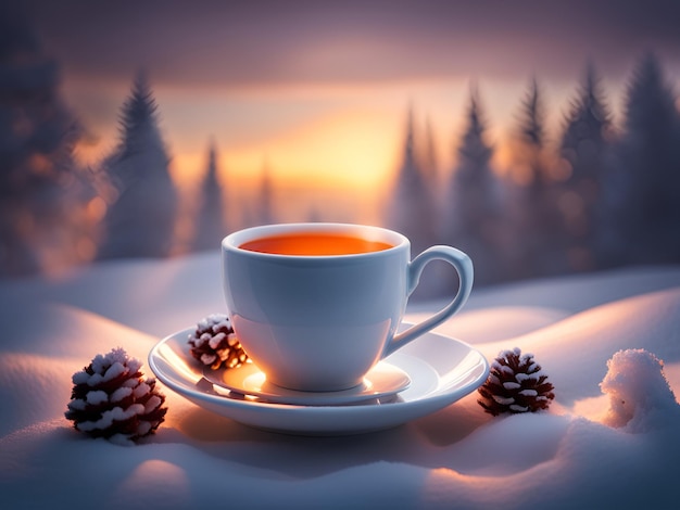 茶のカップ 冬の風景を背景に