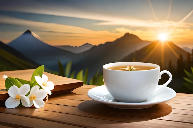 A cup of tea with a book on a table