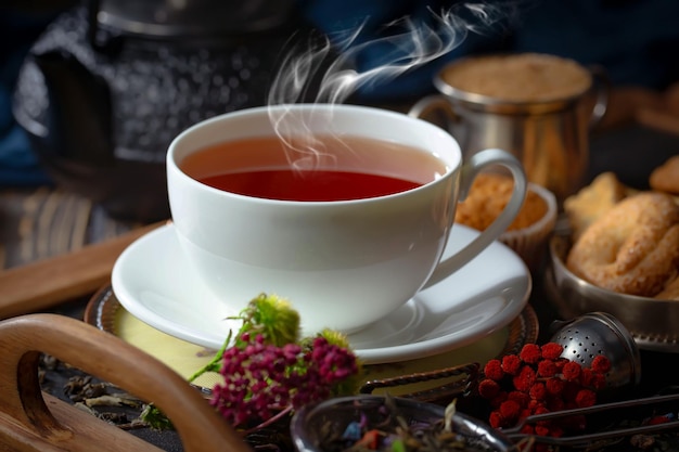 Photo a cup of tea with a bunch of flowers on the table