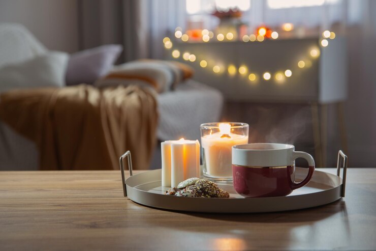 cup of tea with burning candles in cozy home