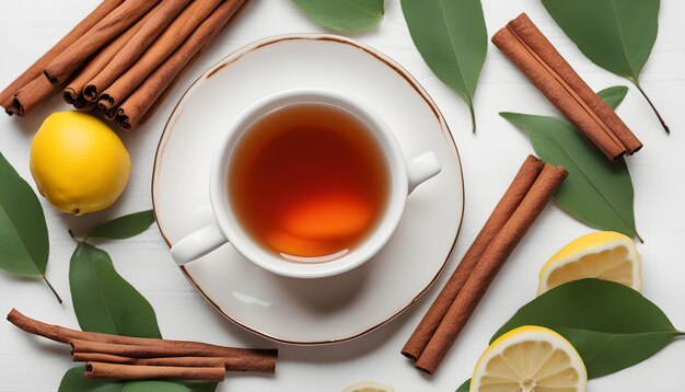 a cup of tea with cinnamon sticks and cinnamon sticks on a table