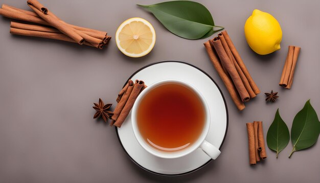 Photo a cup of tea with cinnamon sticks and cinnamon sticks on a table