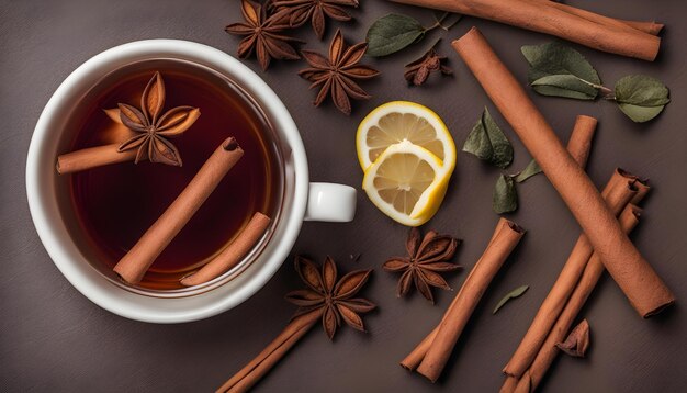 Photo a cup of tea with cinnamon sticks and cinnamon sticks