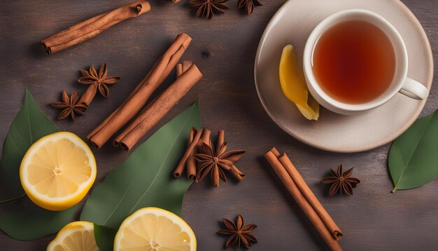 a cup of tea with cinnamon sticks and cinnamon on a table