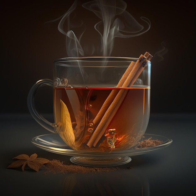 a cup of tea with cinnamon sticks features a clear glass cup filled with goldenbrown tea