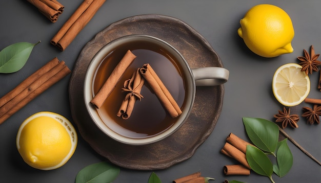 a cup of tea with cinnamon sticks and a lemon on it