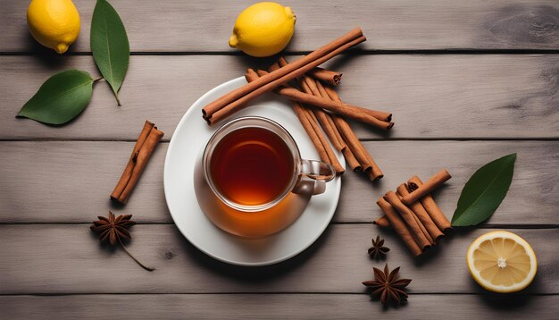 a cup of tea with cinnamon sticks and a lemon on a plate